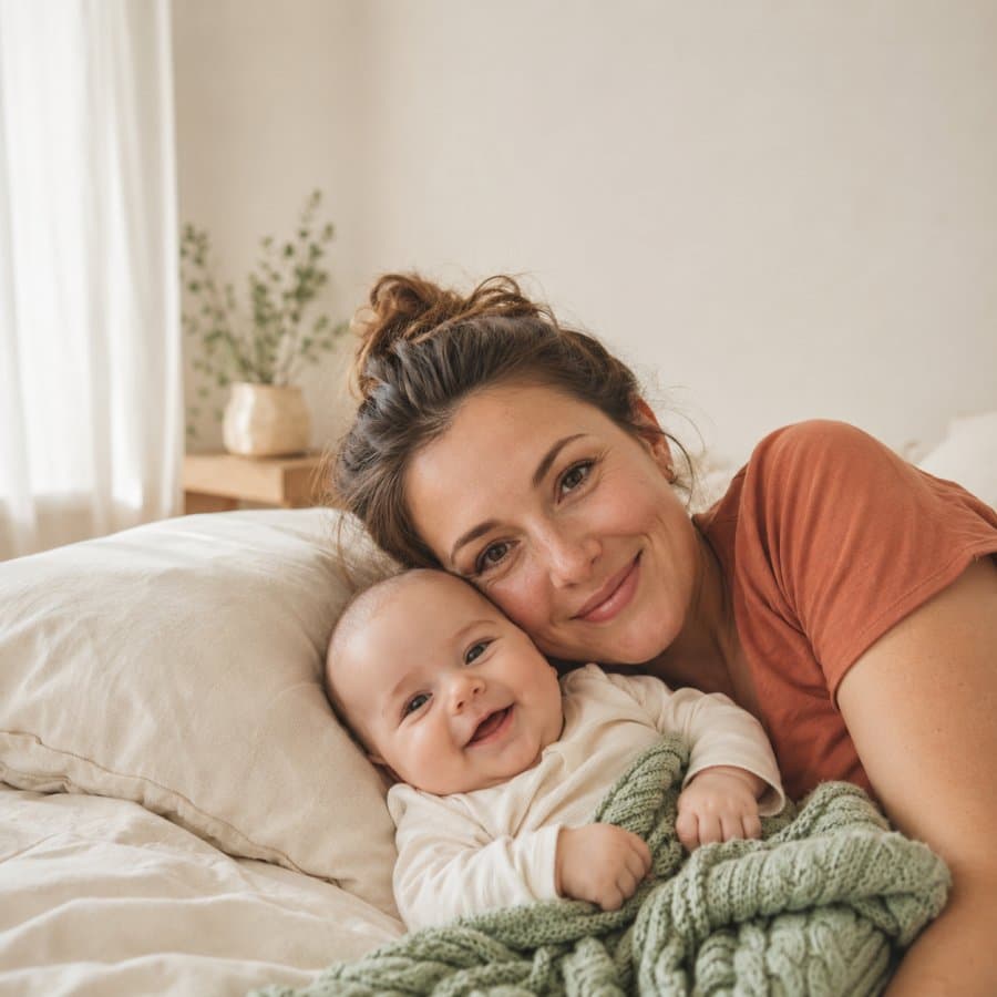 Mama mit lachendem Baby kuscheln im Bett