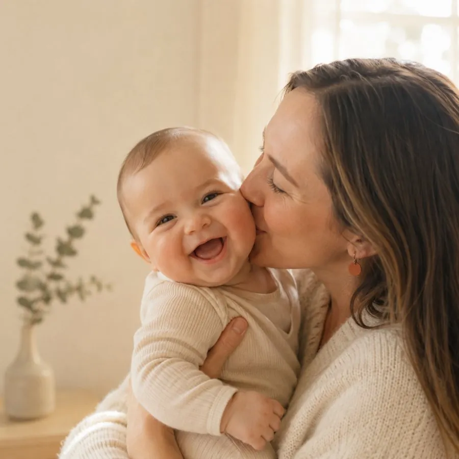 Mama küsst ihr lachendes Baby liebevoll auf die Wange