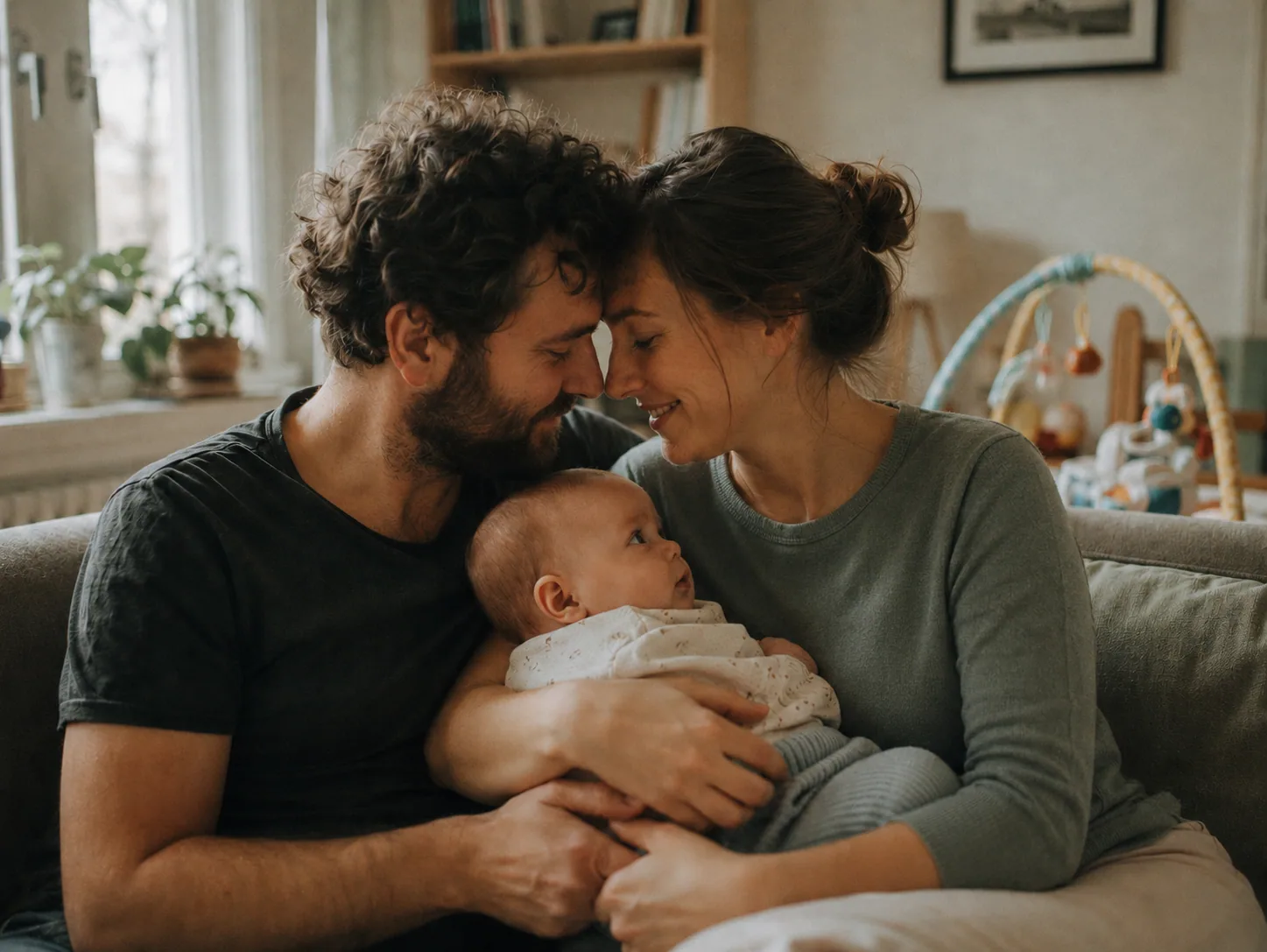 Ein Paar hält liebevoll sein Baby im Arm